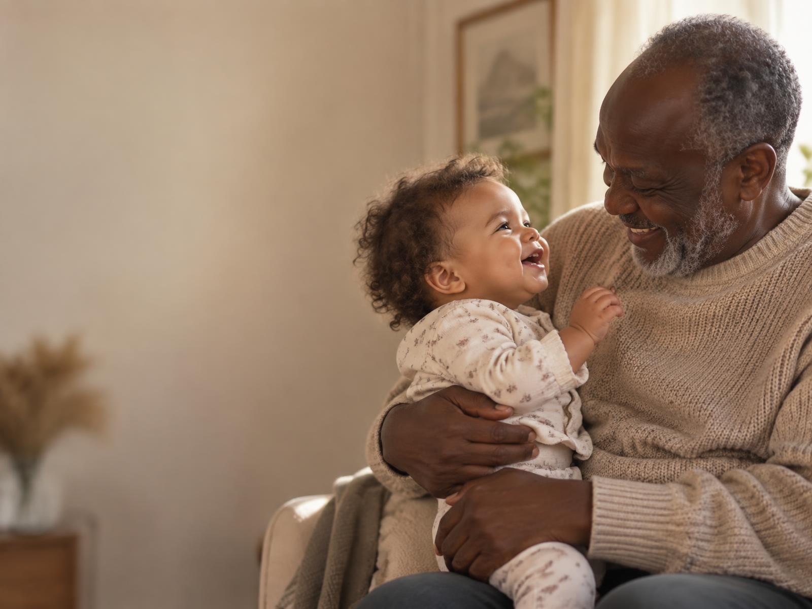 A grandfather smiling as he holds his grandchild, both looking at each other